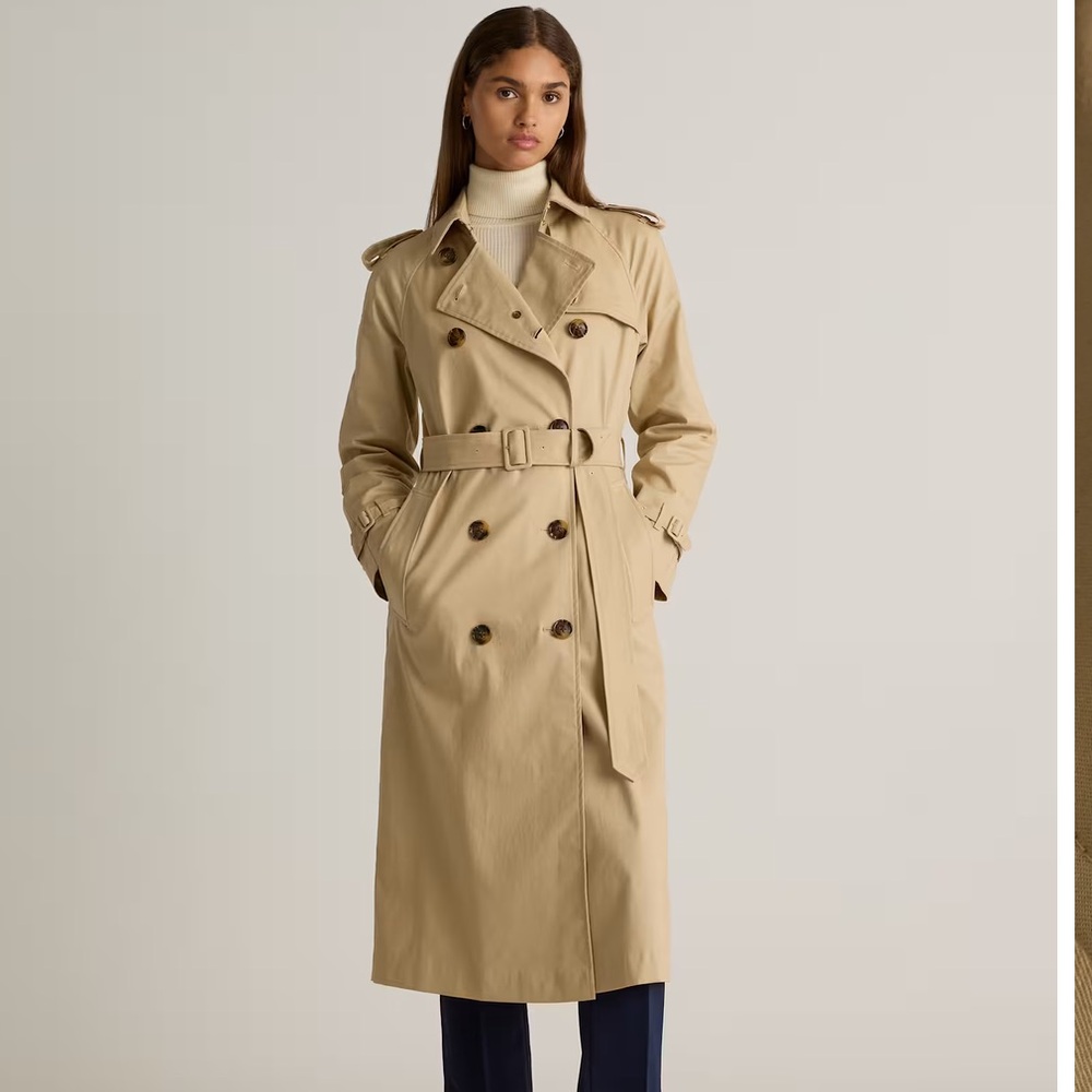 Quince Khaki Double-Breasted Long Trench Coat